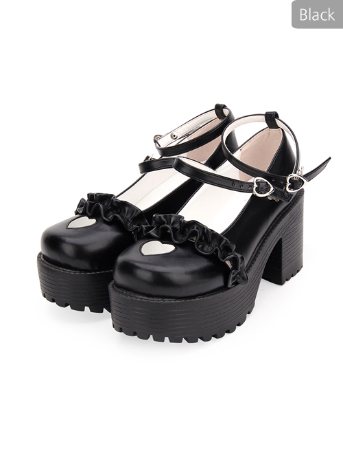 Round-toe Hollow Out Heart-shape Ruffle School Lolita High Heels Shoes