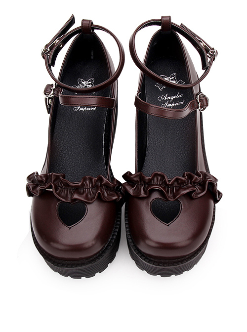 Round-toe Hollow Out Heart-shape Ruffle School Lolita High Heels Shoes