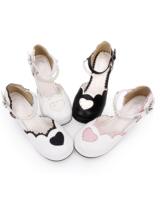 Round-toe Love Heart Lace Pearl Chain Sweet Lolita High Heels Shoes