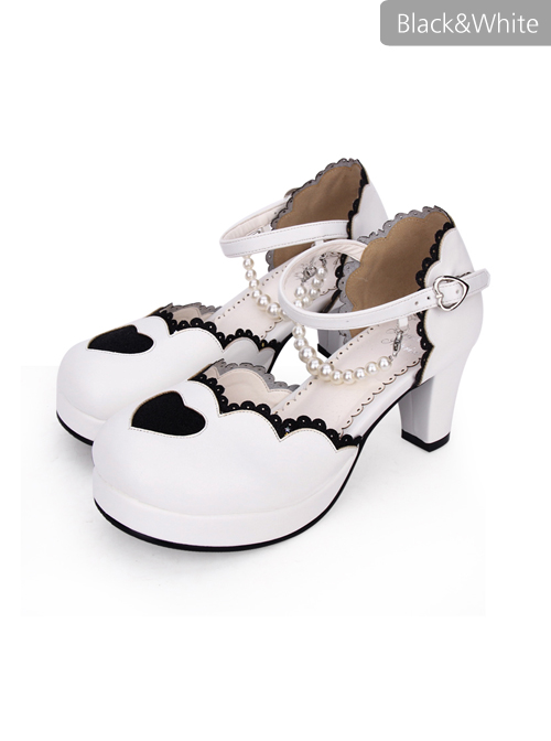 Round-toe Love Heart Lace Pearl Chain Sweet Lolita High Heels Shoes