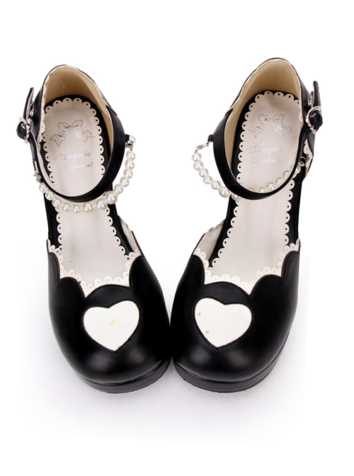 Round-toe Love Heart Lace Pearl Chain Sweet Lolita High Heels Shoes