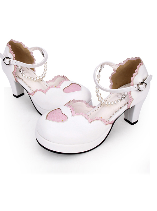 Round-toe Love Heart Lace Pearl Chain Sweet Lolita High Heels Shoes