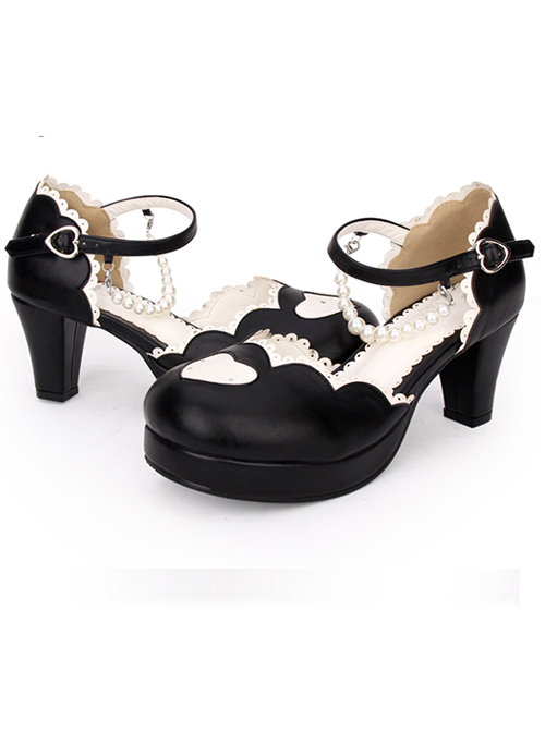 Round-toe Love Heart Lace Pearl Chain Sweet Lolita High Heels Shoes