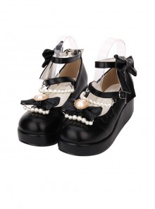 Round-toe Bowknot Pearl Chain Classic Lolita Shoes