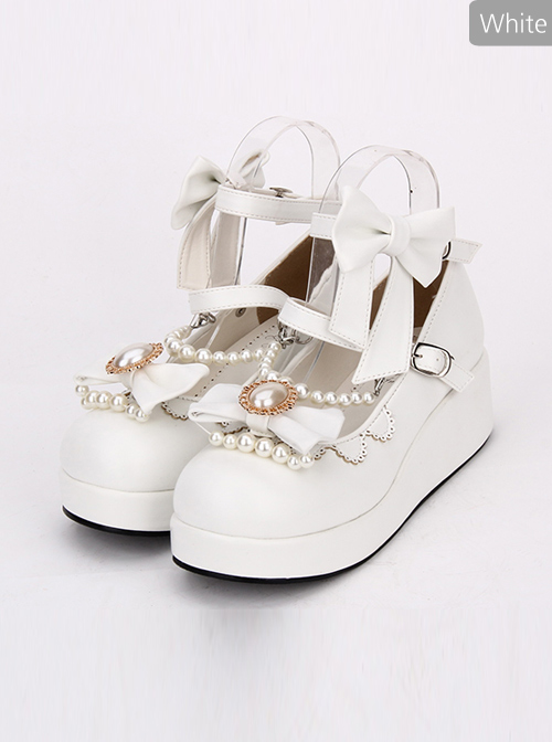 Round-toe Bowknot Pearl Chain Classic Lolita Shoes