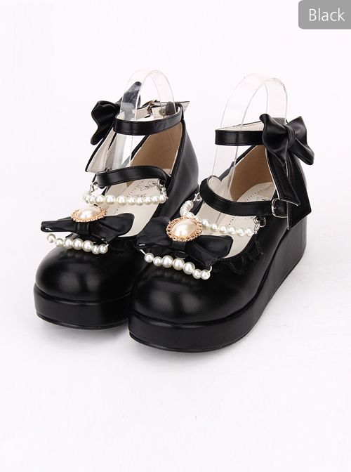 Round-toe Bowknot Pearl Chain Classic Lolita Shoes