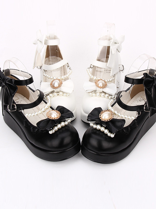 Round-toe Bowknot Pearl Chain Classic Lolita Shoes