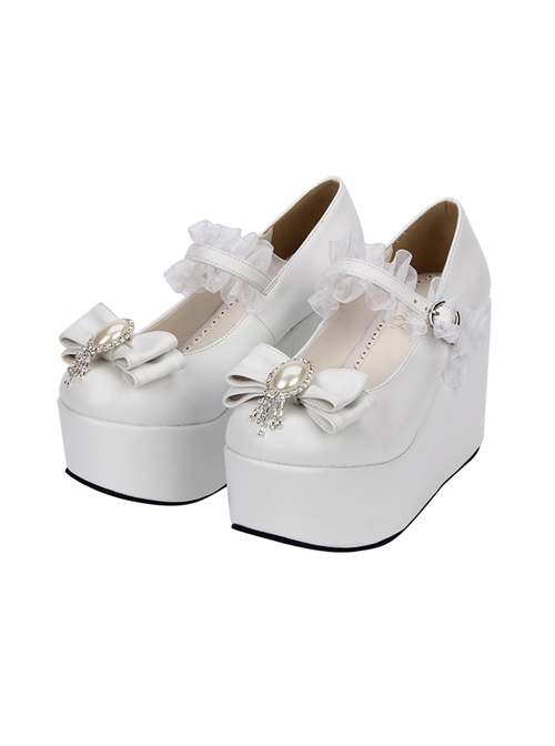 White Elegant Bride Bowknot Ornament Classic Lolita High Heel Shoes