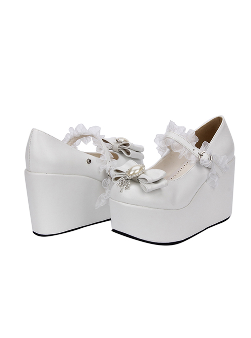 White Elegant Bride Bowknot Ornament Classic Lolita High Heel Shoes