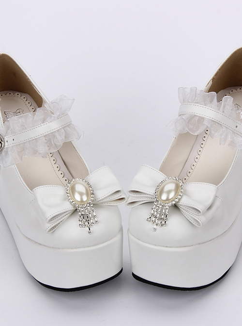 White Elegant Bride Bowknot Ornament Classic Lolita High Heel Shoes