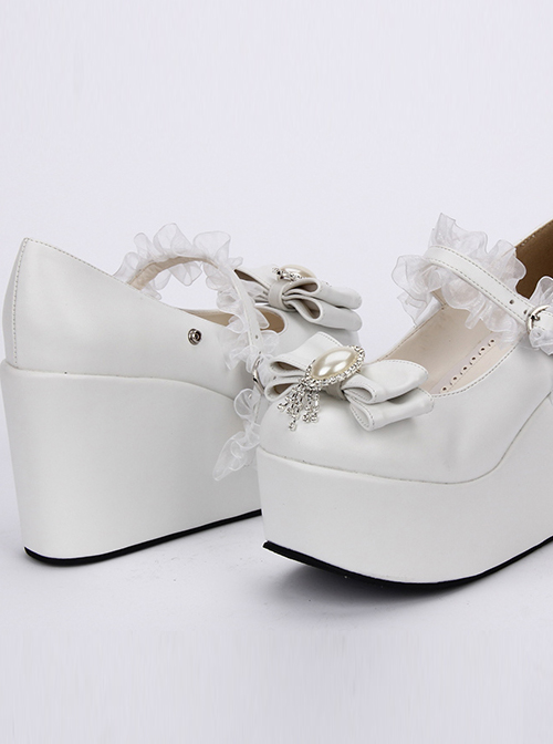 White Elegant Bride Bowknot Ornament Classic Lolita High Heel Shoes