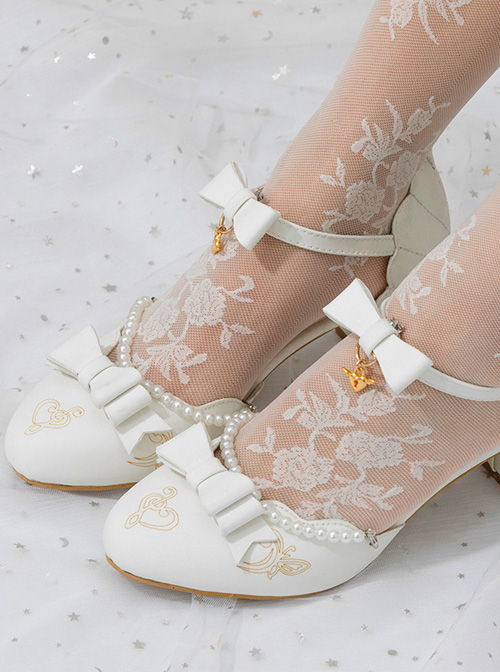 Tea Party Style Pearl Chain Bowknot Classic Lolita Middle Heels Shoes