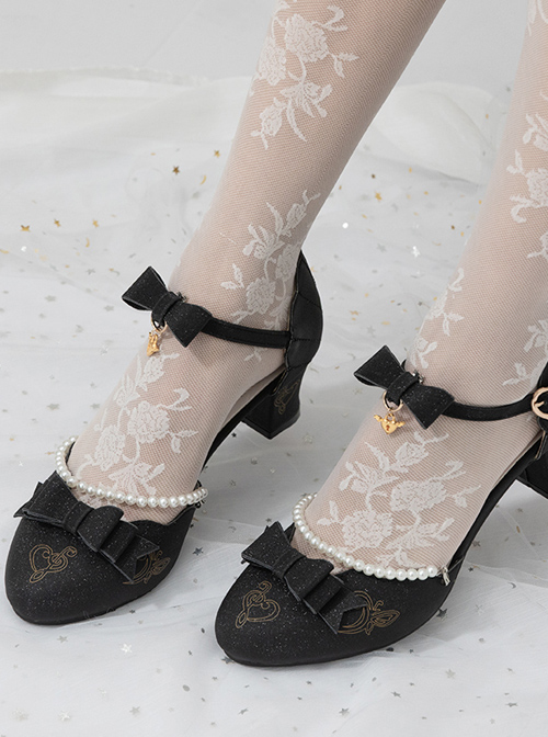 Tea Party Style Pearl Chain Bowknot Classic Lolita Middle Heels Shoes
