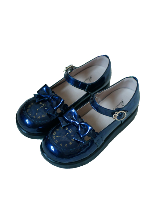 The Small Clock Series Round-toe Bowknot Sweet Lolita Patent Leather Flat Shoes