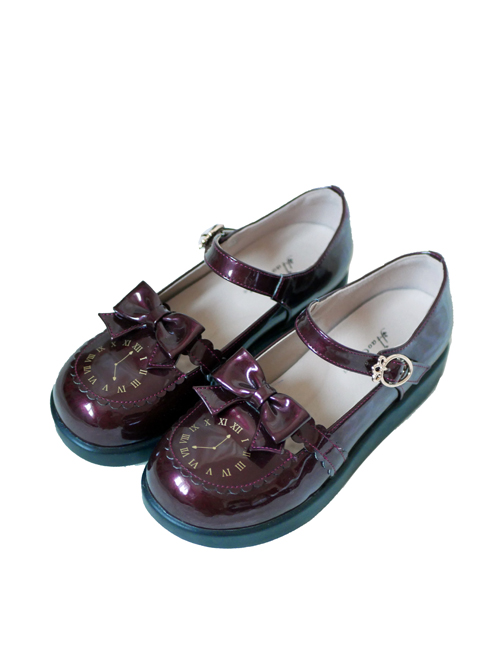 The Small Clock Series Round-toe Bowknot Sweet Lolita Patent Leather Flat Shoes