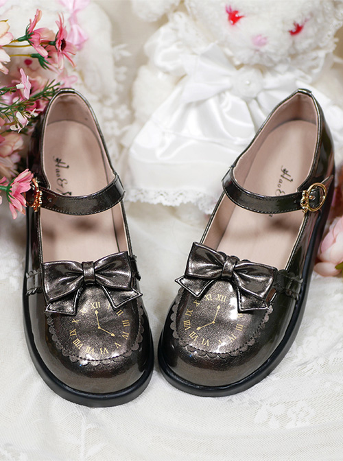 The Small Clock Series Round-toe Bowknot Sweet Lolita Patent Leather Flat Shoes