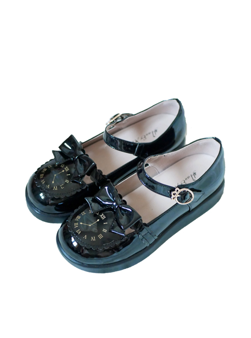 The Small Clock Series Round-toe Bowknot Sweet Lolita Patent Leather Flat Shoes