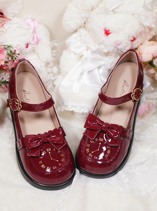 The Small Clock Series Round-toe Bowknot Sweet Lolita Patent Leather Flat Shoes