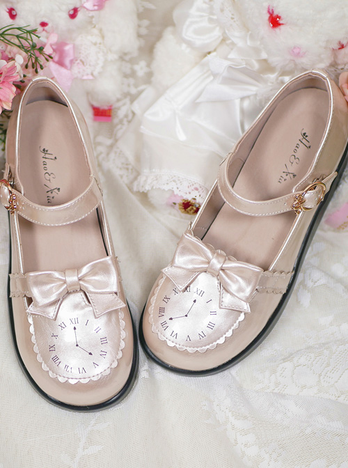 The Small Clock Series Round-toe Bowknot Sweet Lolita Patent Leather Flat Shoes