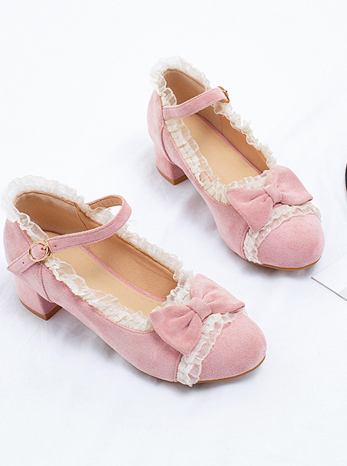 Suede Leather Round-toe Bowknot Lace Thick Heel Classic Lolita High Heel Shoes