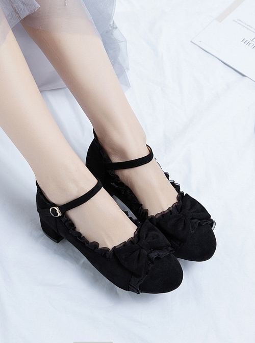 Suede Leather Round-toe Bowknot Lace Thick Heel Classic Lolita High Heel Shoes