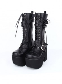 Black Round-toe Patent Leather Straps Buckles Gothic Lolita High Heel Boots