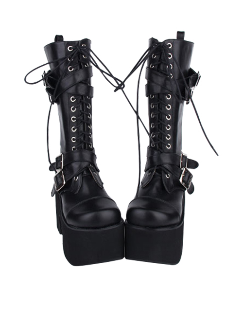 Black Round-toe Patent Leather Straps Buckles Gothic Lolita High Heel Boots