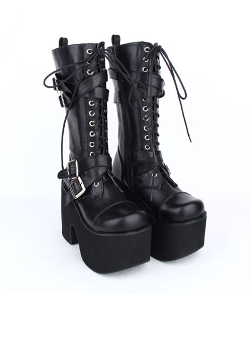 Black Round-toe Patent Leather Straps Buckles Gothic Lolita High Heel Boots