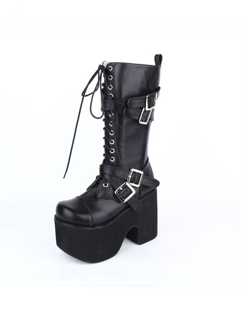 Black Round-toe Patent Leather Straps Buckles Gothic Lolita High Heel Boots