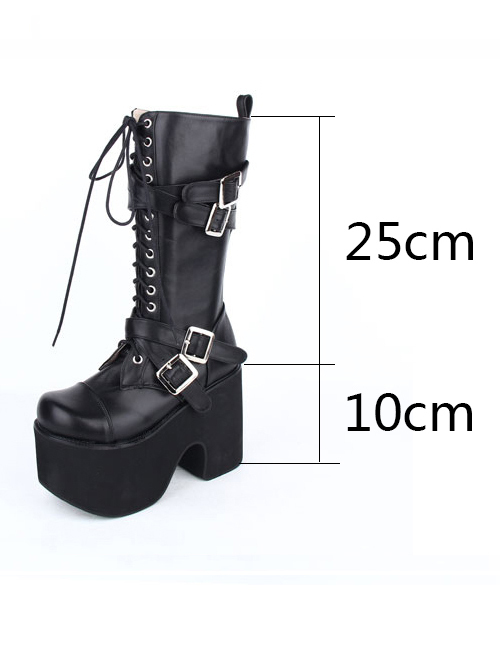 Black Round-toe Patent Leather Straps Buckles Gothic Lolita High Heel Boots