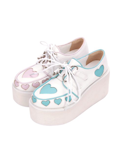 Pink And Blue Cute Heart Pattern Sweet Lolita Lace-up Platform Shoes