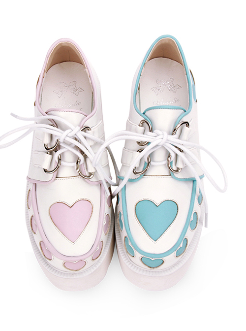 Pink And Blue Cute Heart Pattern Sweet Lolita Lace-up Platform Shoes