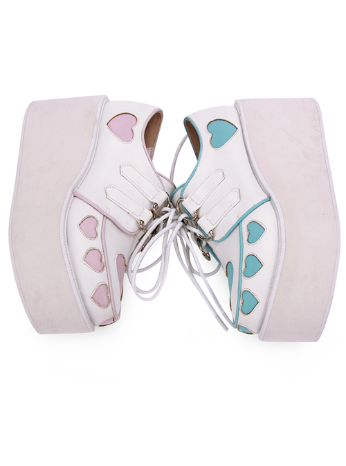 Pink And Blue Cute Heart Pattern Sweet Lolita Lace-up Platform Shoes