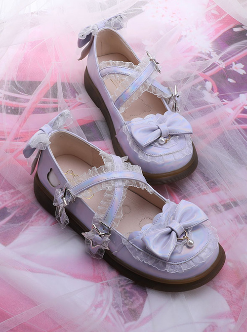 Laser PU Leather Sweet Lolita Bowknot Round-toe Flat Shoes