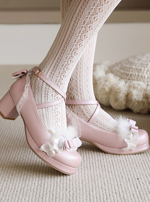 Bowknot Cute Plush Sweet Lolita Thick Heel Shoes