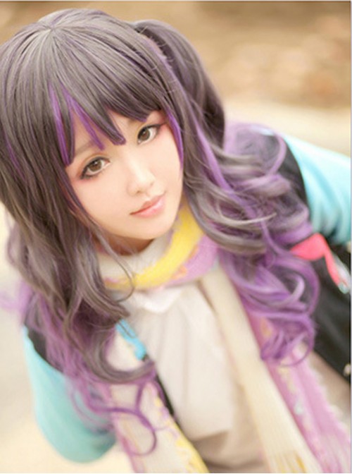 Couple Harajuku wind black gray gradient purple lolita temperament long curly wig