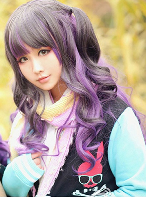 Couple Harajuku wind black gray gradient purple lolita temperament long curly wig