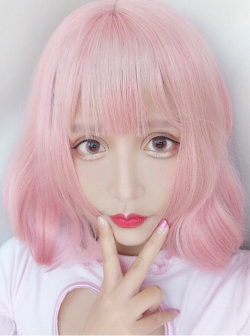 Harajuku Style Light Pink Air Bangs Short Curly Hair Lolita Wig