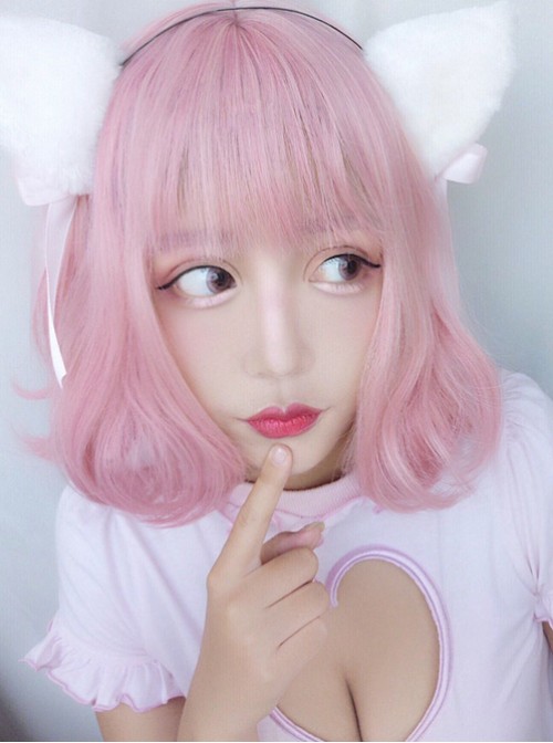 Harajuku Style Light Pink Air Bangs Short Curly Hair Lolita Wig