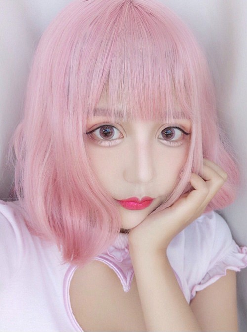 Harajuku Style Light Pink Air Bangs Short Curly Hair Lolita Wig