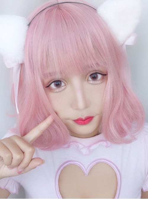 Harajuku Style Light Pink Air Bangs Short Curly Hair Lolita Wig