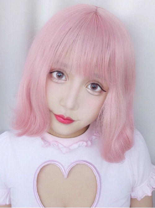 Harajuku Style Light Pink Air Bangs Short Curly Hair Lolita Wig