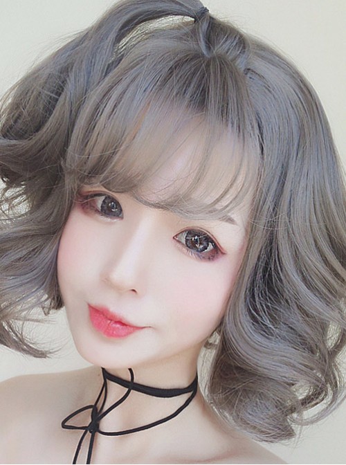 Granny Grey Small Waves Repair Face Short Curly Hair Harajuku Style Lolita Wig