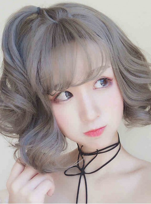 Granny Grey Small Waves Repair Face Short Curly Hair Harajuku Style Lolita Wig