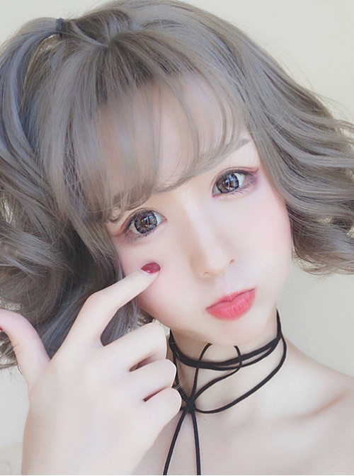 Granny Grey Small Waves Repair Face Short Curly Hair Harajuku Style Lolita Wig