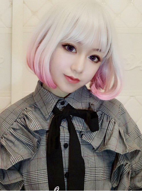 Short Curly Hair Silver Pink Gradient Lolita Wig