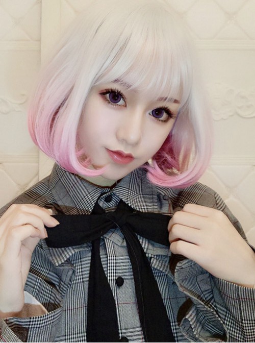 Short Curly Hair Silver Pink Gradient Lolita Wig