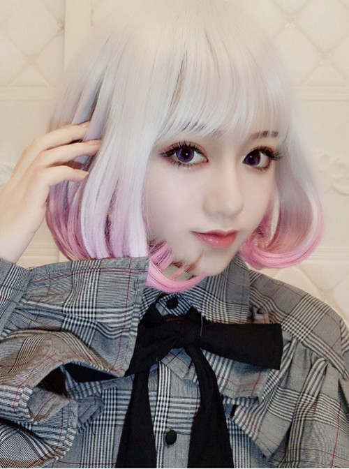 Short Curly Hair Silver Pink Gradient Lolita Wig