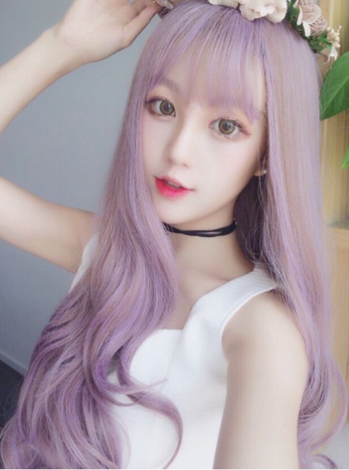 Air Bangs Long Taro Purple Curly Hair Lolita Wig