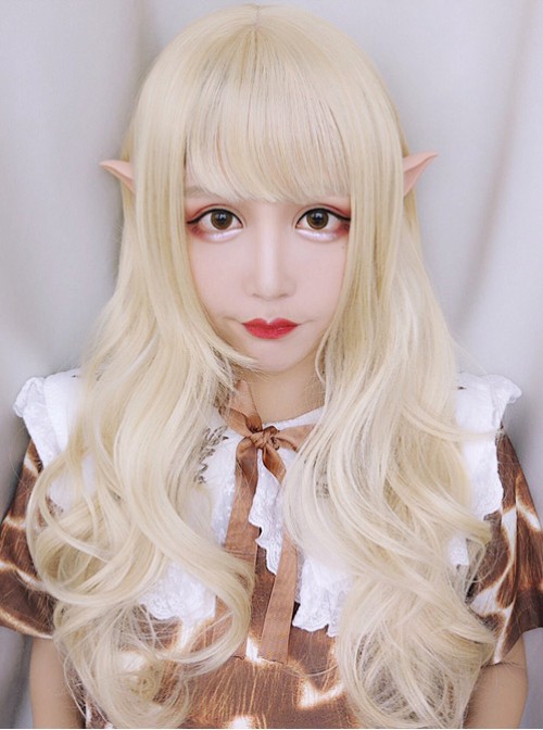 Elves Girls Long Curly Hair Lolita Pale Gold Wig